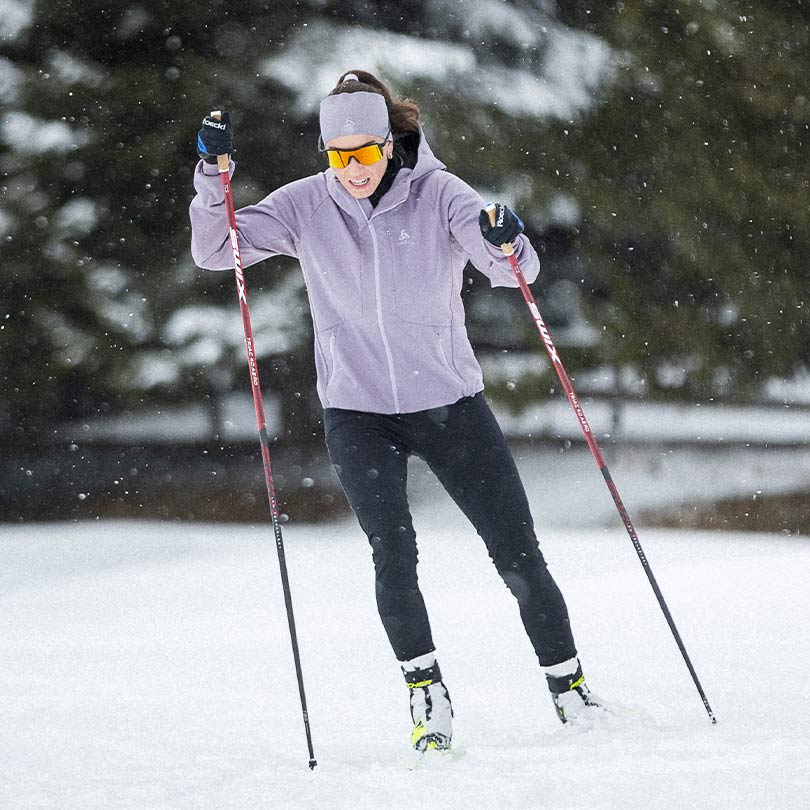 A woman cross-country skiing